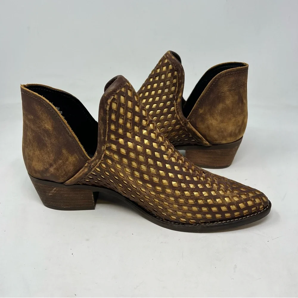 Musse & Cloud Brown Gold Laser Cut Leather Western Booties Size 8 - Picture 5 of 10